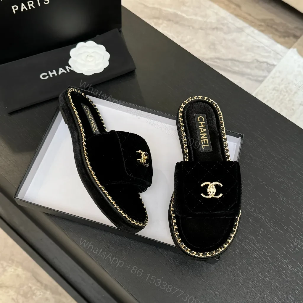 View 2 of Velvet Black Slide-Ons with Chain Trim, Luxe Casual Comfort