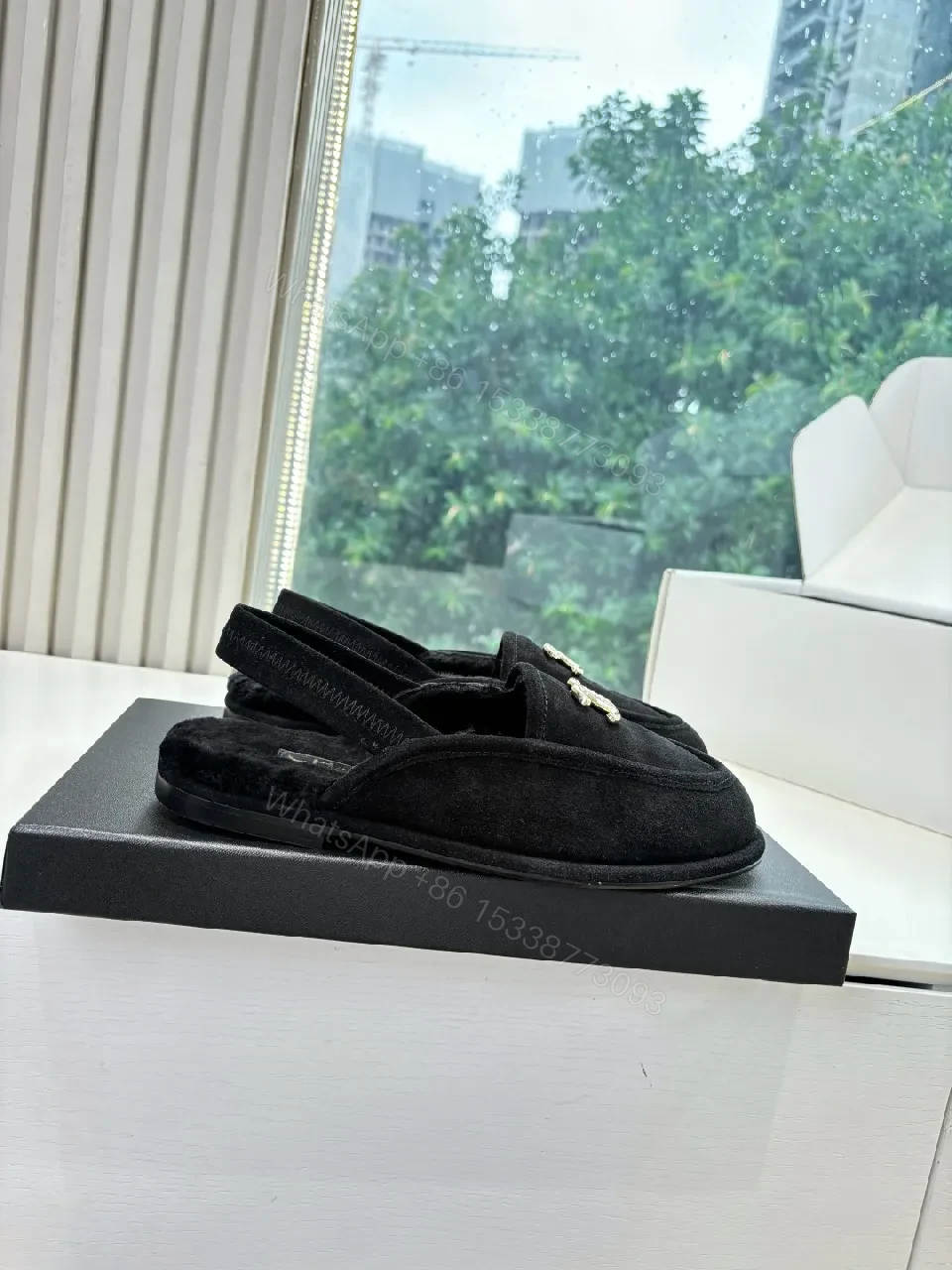 View 6 of Black Suede Loafers with Gold Logo Hardware