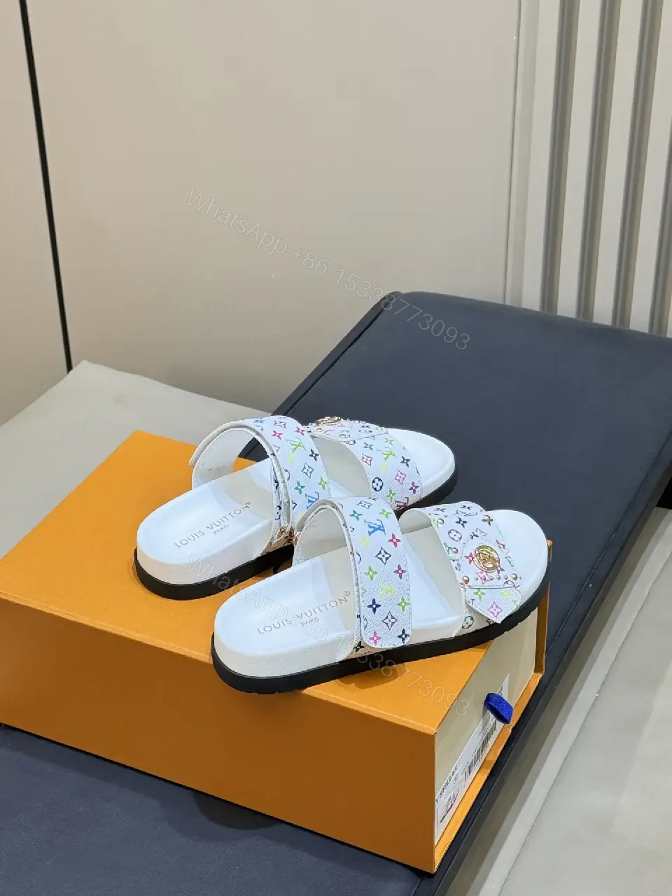 View 7 of White Multicolor LV Logo Sliders Comfort Footbed Sandals