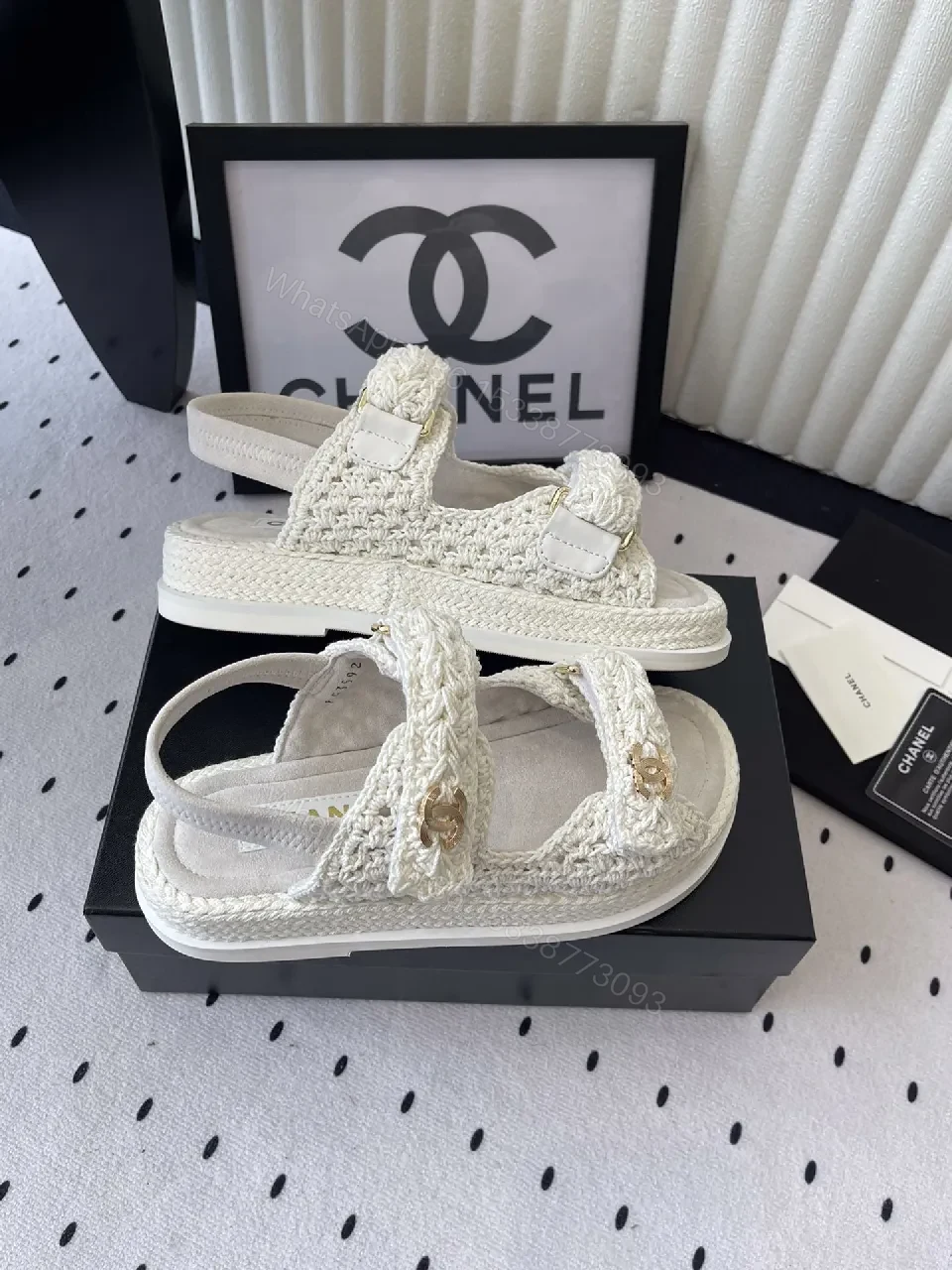 View 6 of Knit Sandals with Gold Logo Hardware – Elevated Luxury Footwear