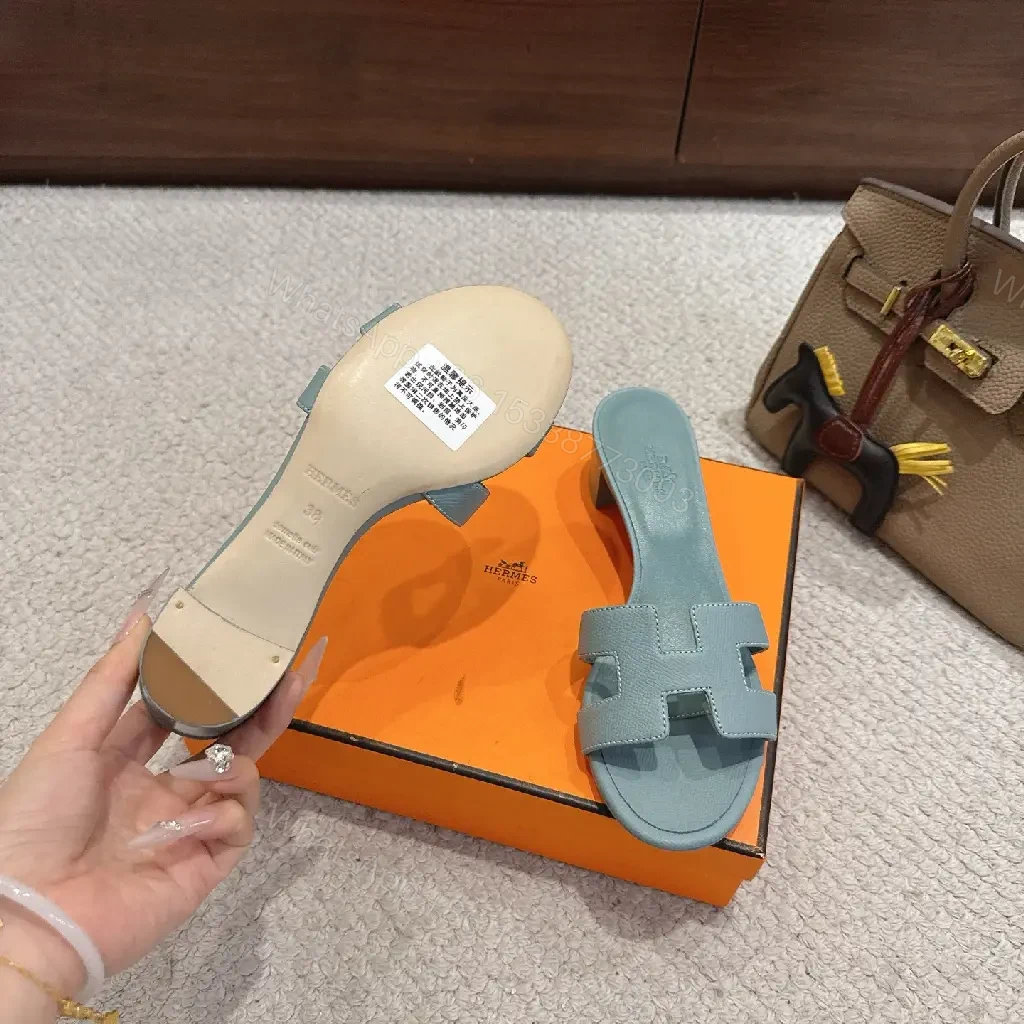 View 9 of Blue Leather Hermes-Style Sandals with Iconic H Strap