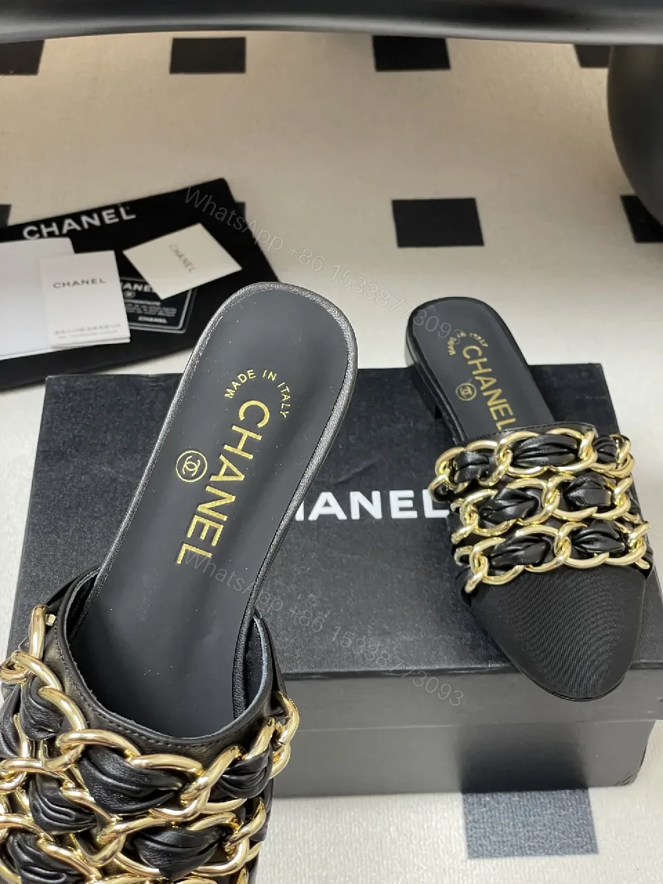 View 4 of Black Satin Mules with Gold Chain Detail - Opulent Everyday Style