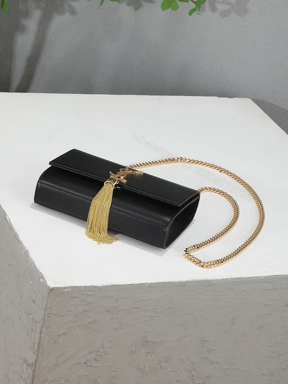 View 8 of Chic Black Leather Flap Bag: Gold-YSL Monogram, Versatile Luxury