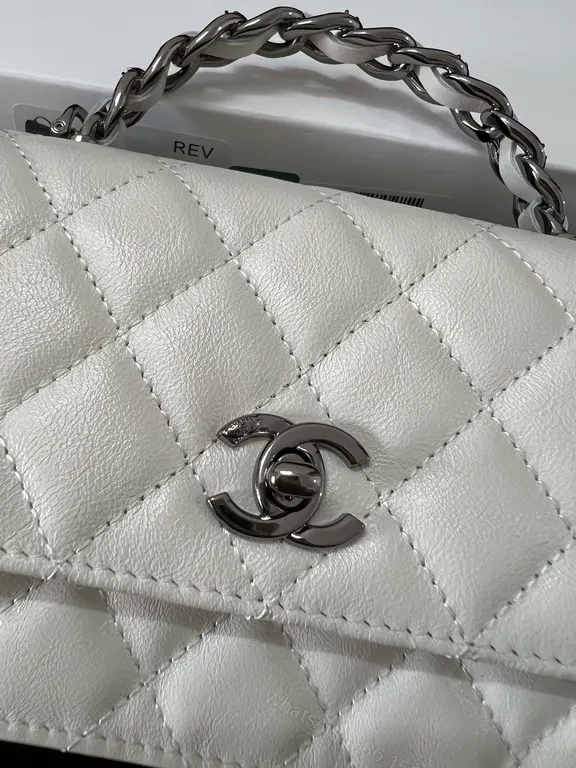 View 9 of Chanel-Inspired Quilted White Flap Crossbody Bag with Silver Chain