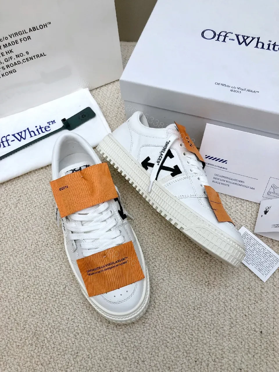 View 7 of White Leather Low-Profile Sneakers with Signature Tape Details