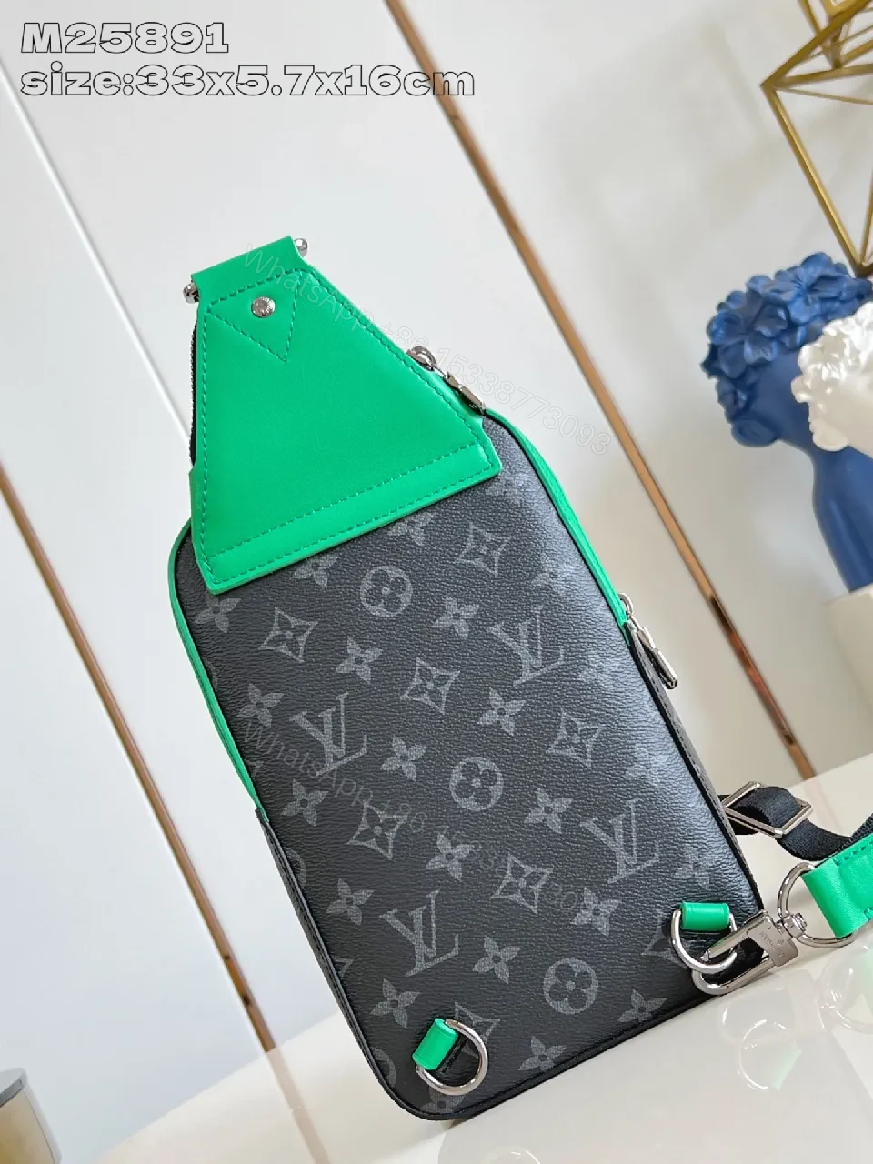 View 4 of Compact Monogram Messenger Bag: Grey, Neon Accent, Luxe Street Style