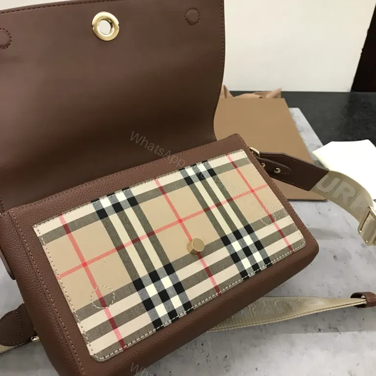 View 3 of Brown Leather Crossbody | Heritage Plaid, Gold Hardware, Structured Design