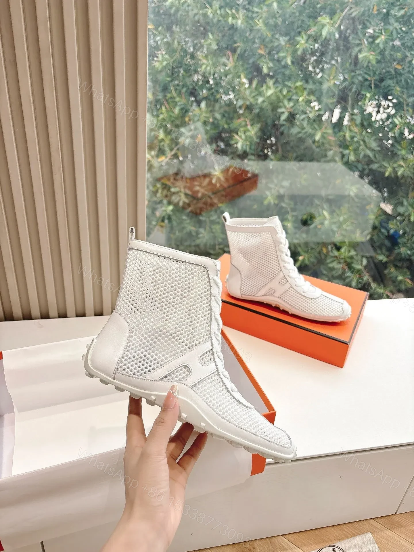 View 5 of Hermes Women White Mesh Leather Sneakers