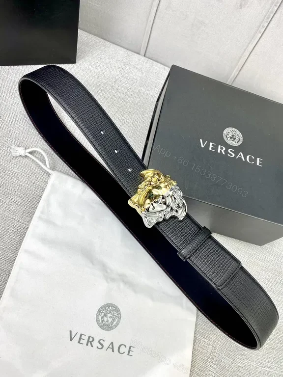 View 6 of Versace Two-Tone Medusa Belt: Black Full-Grain Leather Luxury