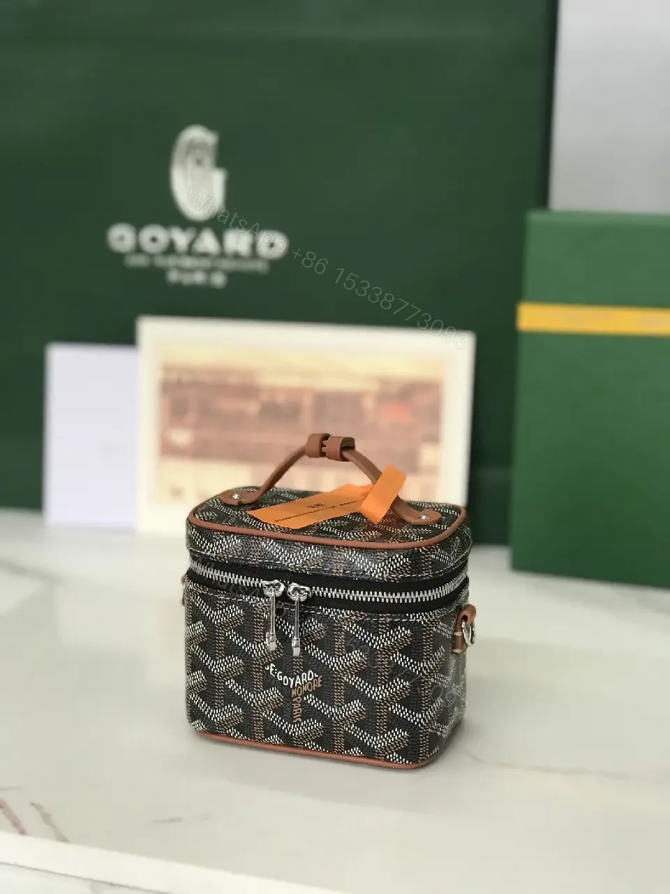View 8 of Compact Luxury Patterned Mini Bag: Textured Canvas, Goyard Motif