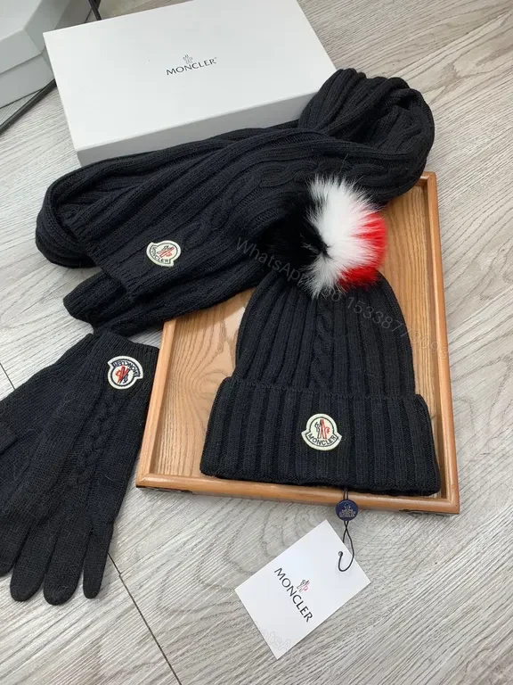 View 9 of Chic Black Wool Cable-Knit Set: Moncler Scarf & Beanie Gloves