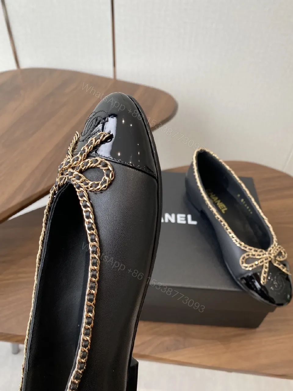 View 3 of Black Leather Ballet Flats with Chain Bow Accent - Luxe Style