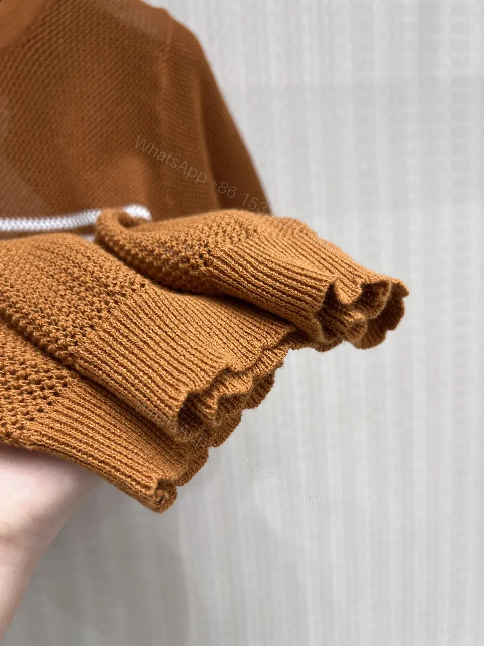 View 2 of Warm Brown Knit Top with White CH RISTIAN DIOR Band, Star, Open Weave Short Sleeve