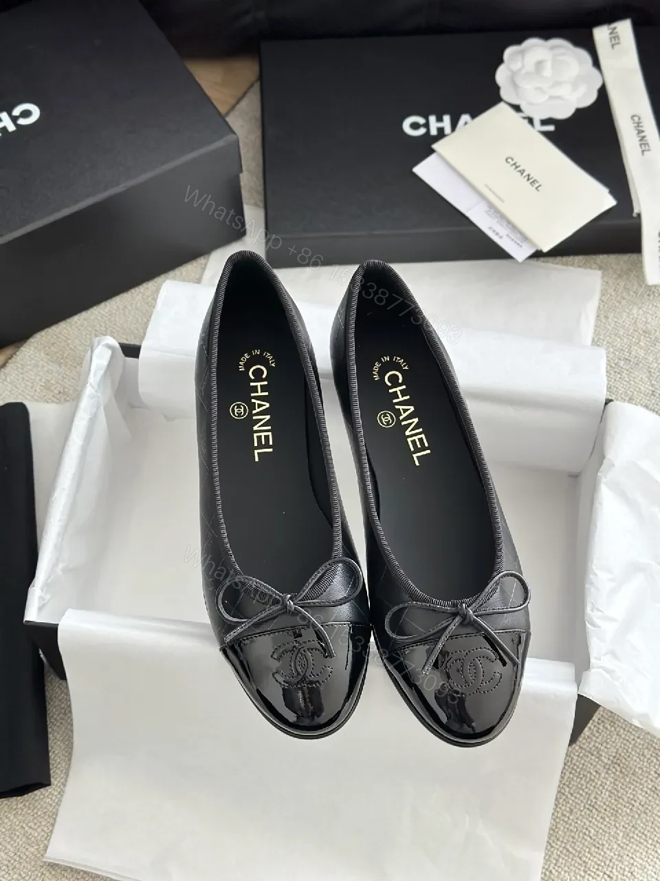 View 9 of Black Leather Ballet Flats with Patent Toe Cap, Subtle Shine