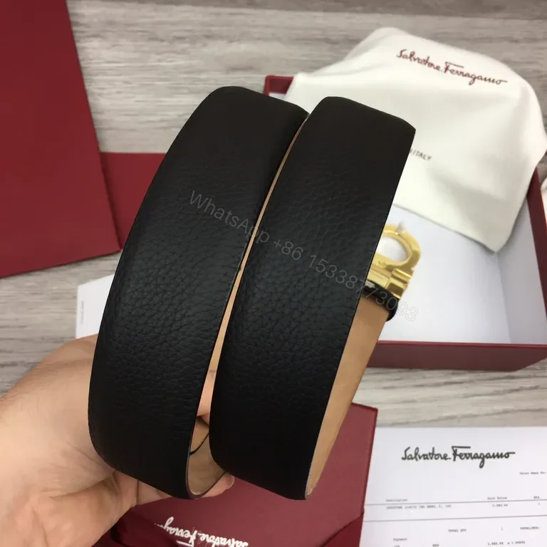 View 5 of Gold Buckle Leather Belt â€” Luxury Pebble-Grain, Ferragamo-Inspired
