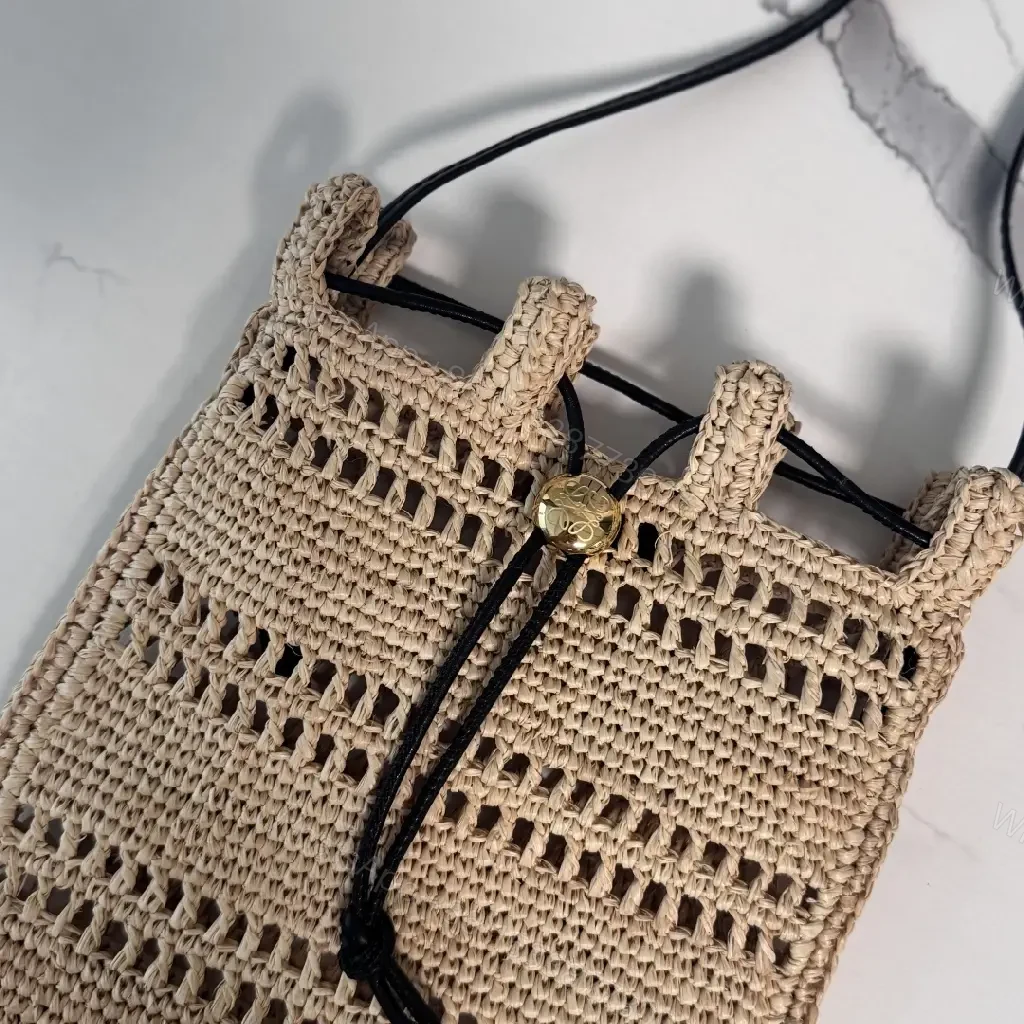 View 7 of Beige Straw Crochet Bag with LOEWE Logo Drawstring Tote