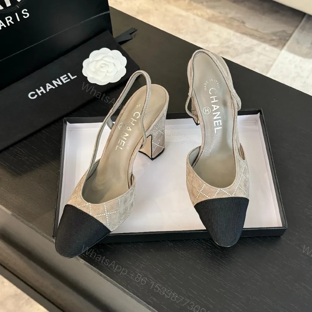 View 2 of Taupe Grid Textured Slingbacks with Black Cap Toe - Elegant Heels