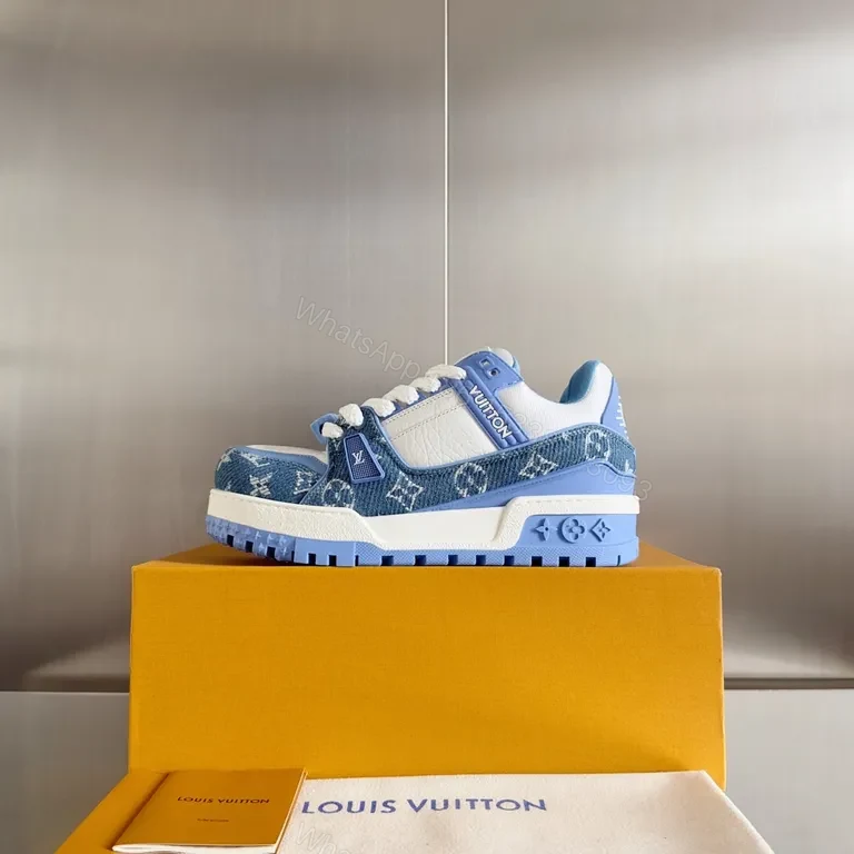 View 9 of Louis V Luxe High-Top Sneakers: Light-Blue Leather with LV Details