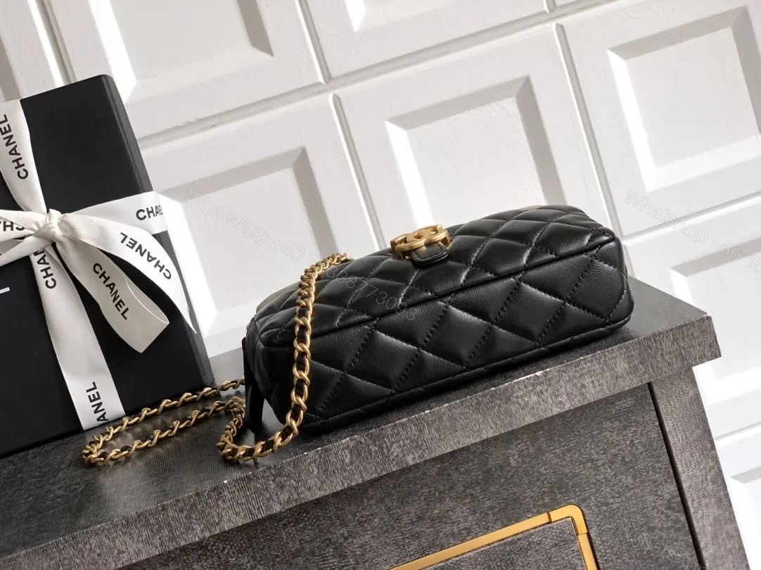 View 6 of Quilted Leather Shoulder Bag: Gold Emblem, Two-Tone