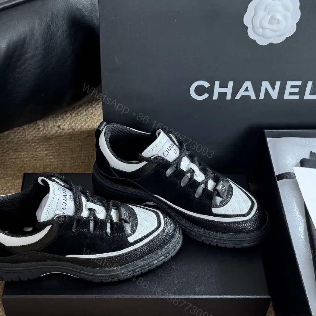 View 3 of Black & White Leather Knit Low-Top Sneakers: Couture-Contrast Comfort