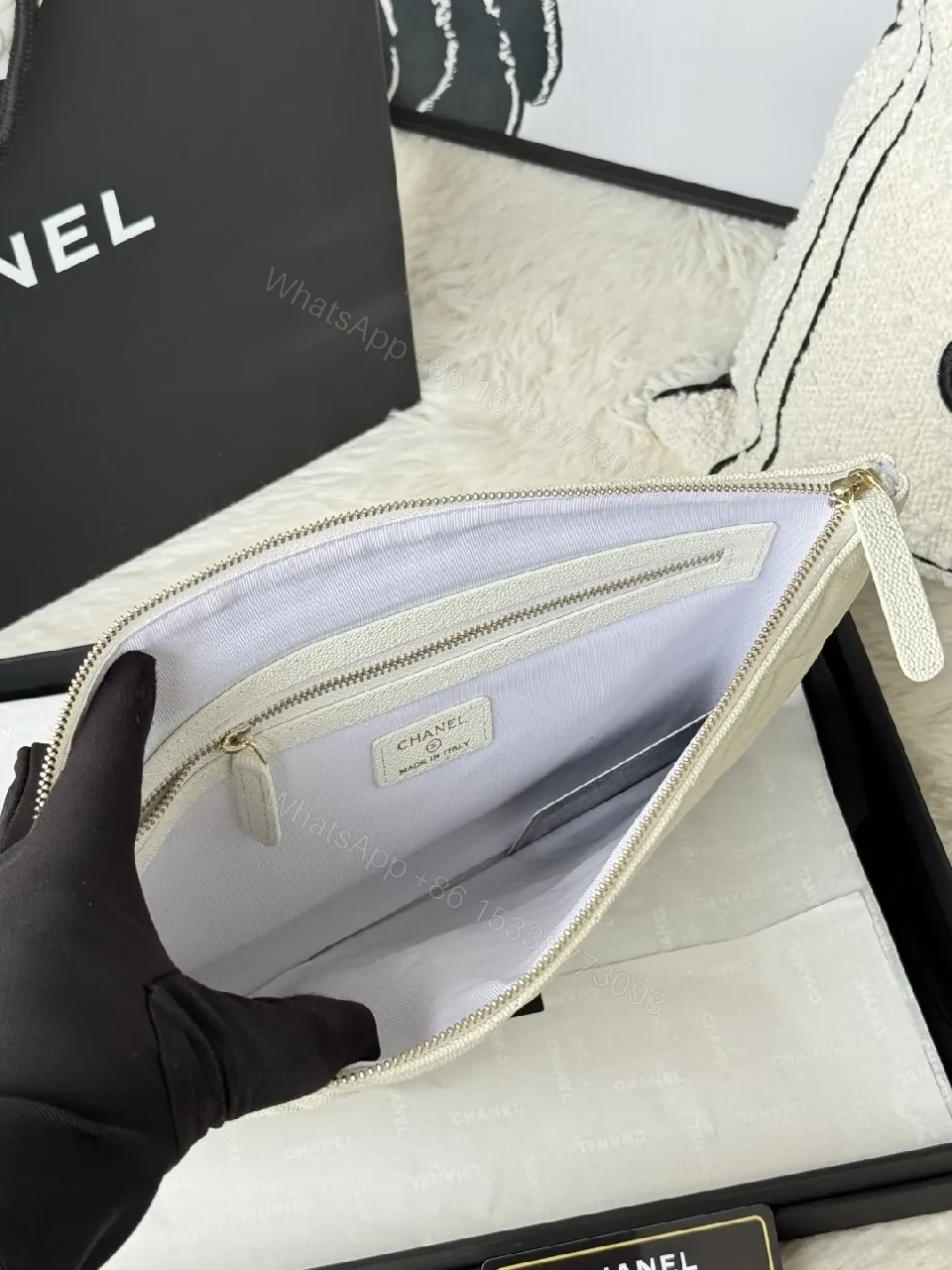 View 9 of Quilted Leather Pouch, Light Pearl, Luxe Style, Zippered Organizer