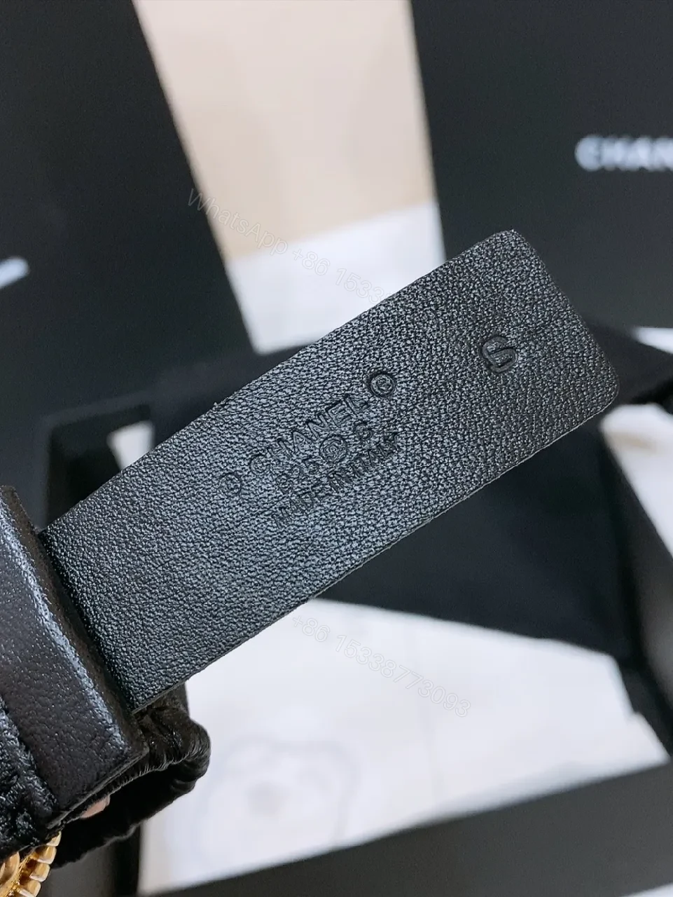 View 3 of Black Pleated Belt with Gold Logo Buckle