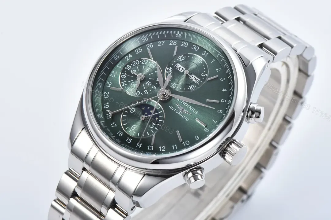 View 3 of Longines Master Collection Moon Phase Chronograph Watch Silver Stainless Steel with Green Dial 42mm