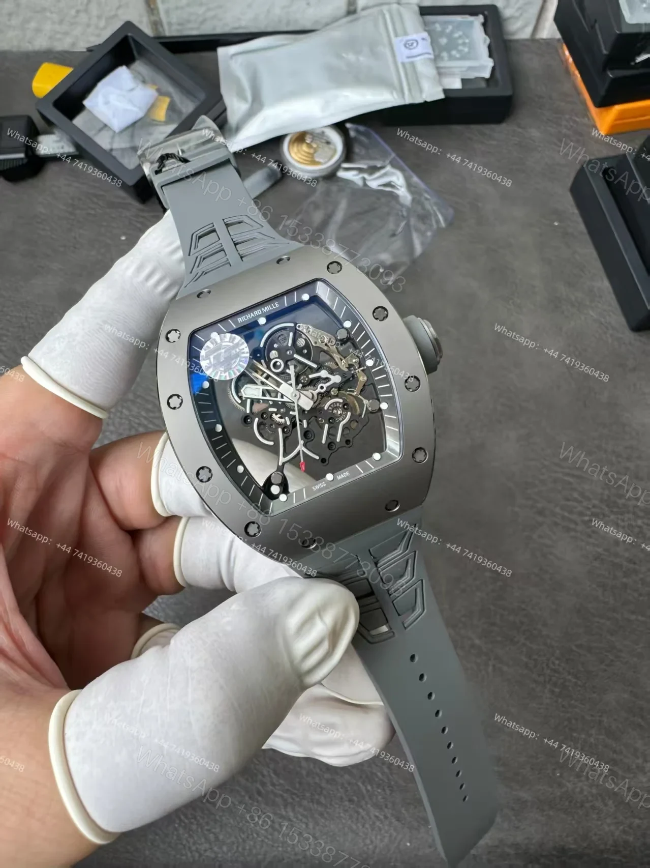 View 7 of Super Clone Richard Mille RM 055 Gray Ceramic Titanium Grey Rubber Strap 1:1 Replica Watch