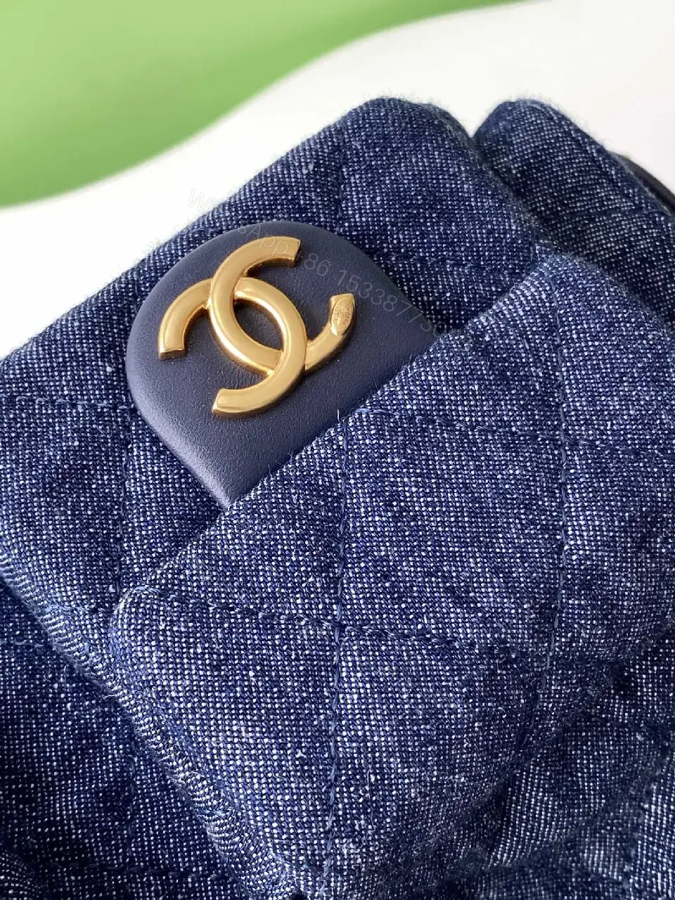 View 8 of Denim-Texture Luxe Shoulder Bag with Gold Hardware