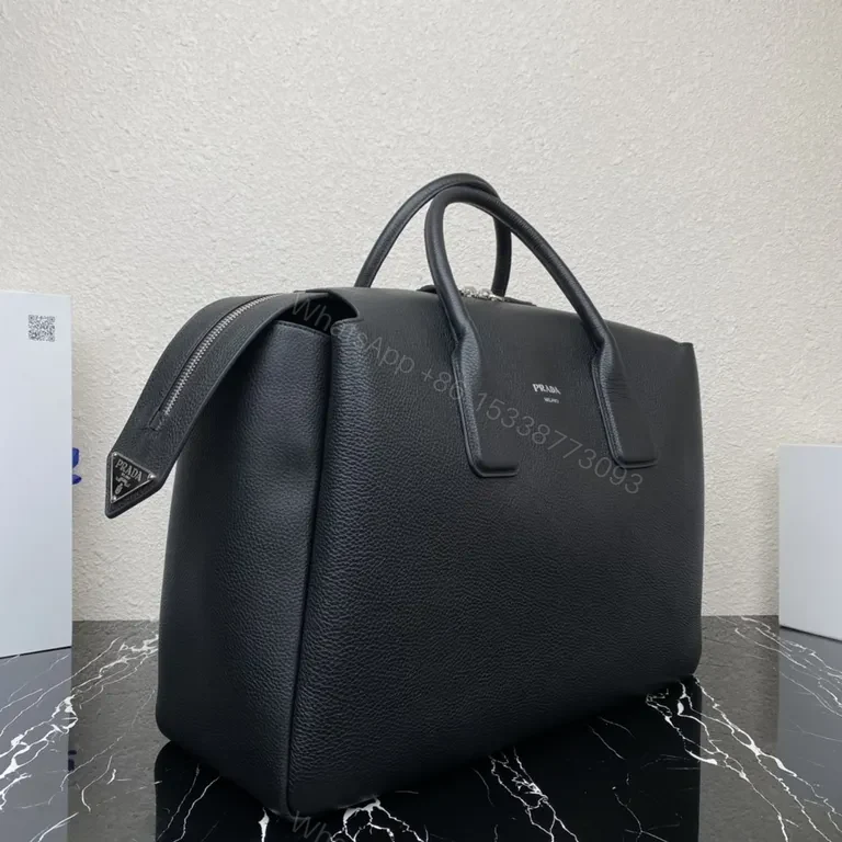 View 9 of Structured Black Pebbled Leather Carryall: Prada-inspired Luxury Tote