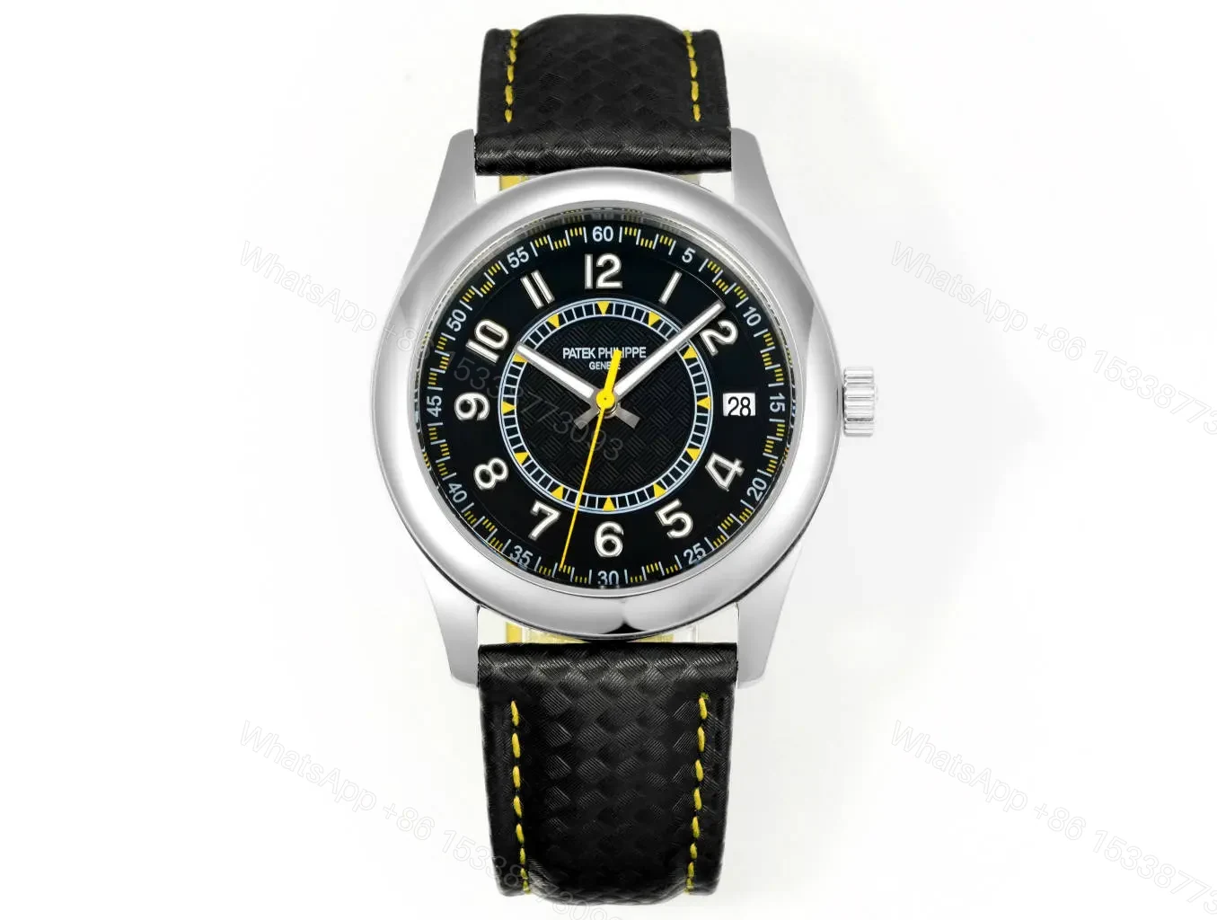 Patek Philippe Calatrava Black Dial Stainless Steel Watch with Black Leather Strap Yellow Accents — view 1