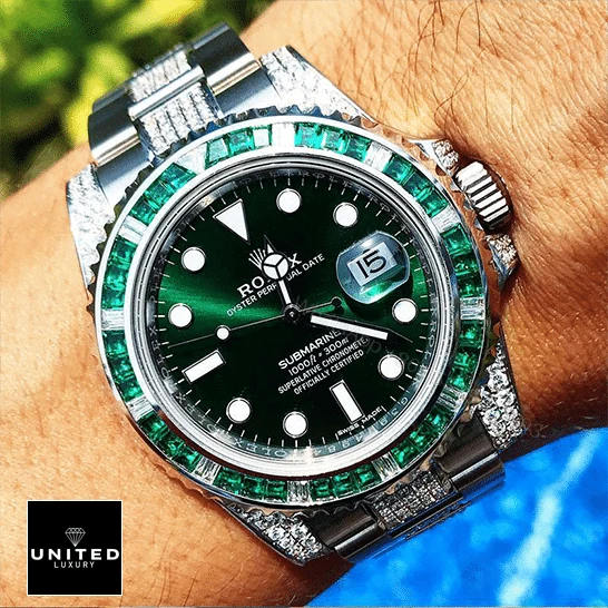 View 8 of Rolex Submariner Hulk 116610LV Diamond Green Dial Iced Out Replica