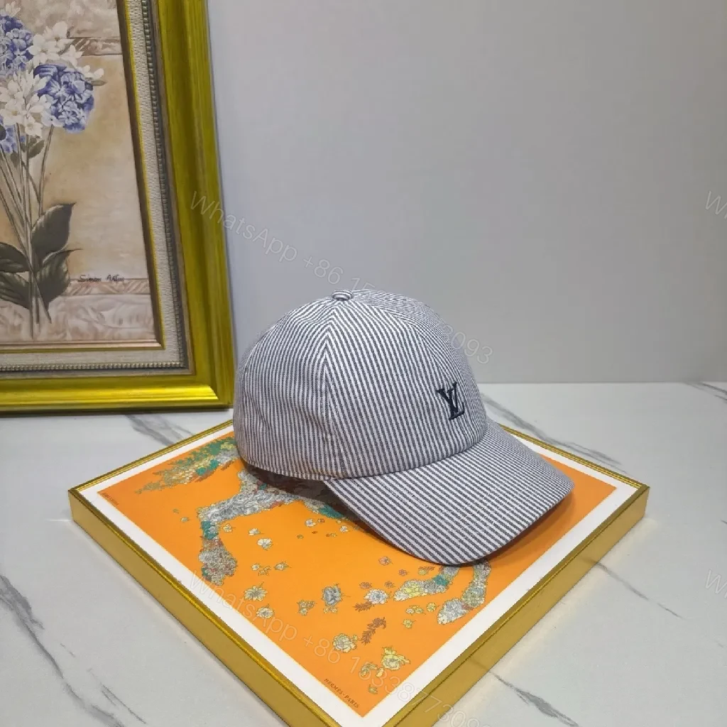 View 8 of Striped Linen-Look Cap with Subtle Monogram Motif