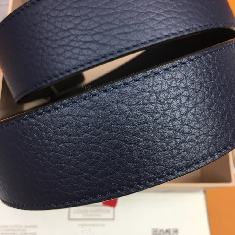 View 7 of Navy Leather Belt: LV Silver Buckle, Pebble-Grain Calfskin, Luxury Style, Premium All-Day Wear, Belt
