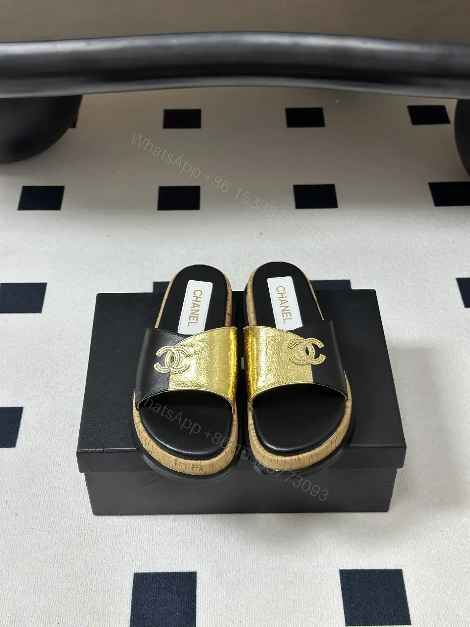 View 3 of Black Leather Luxury Chanel Logo Slide Sandals
