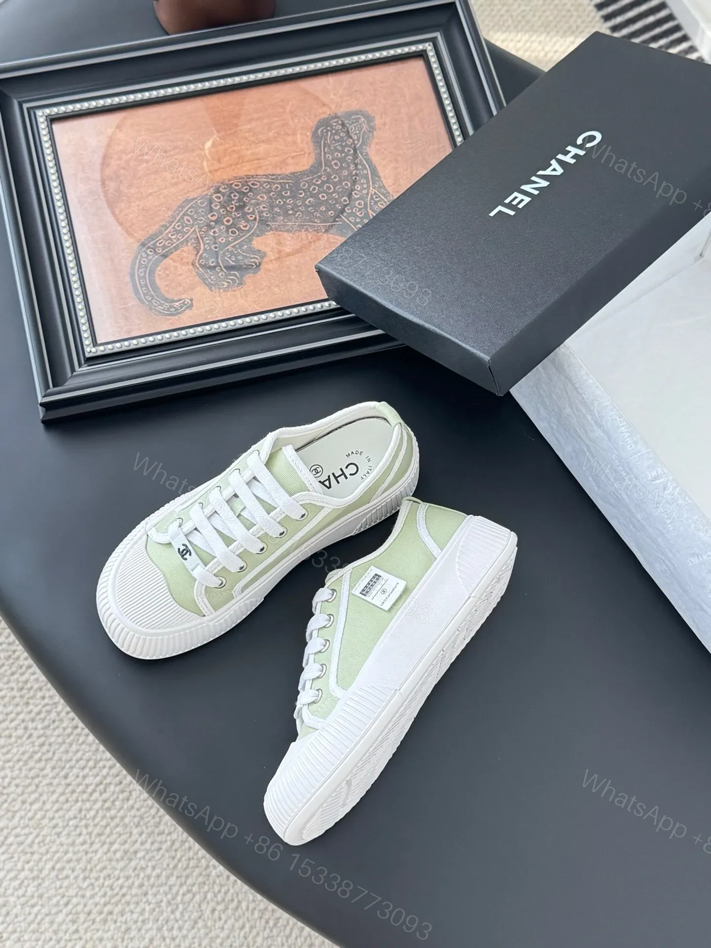 View 4 of Chanel Women Light Green Canvas Sneakers