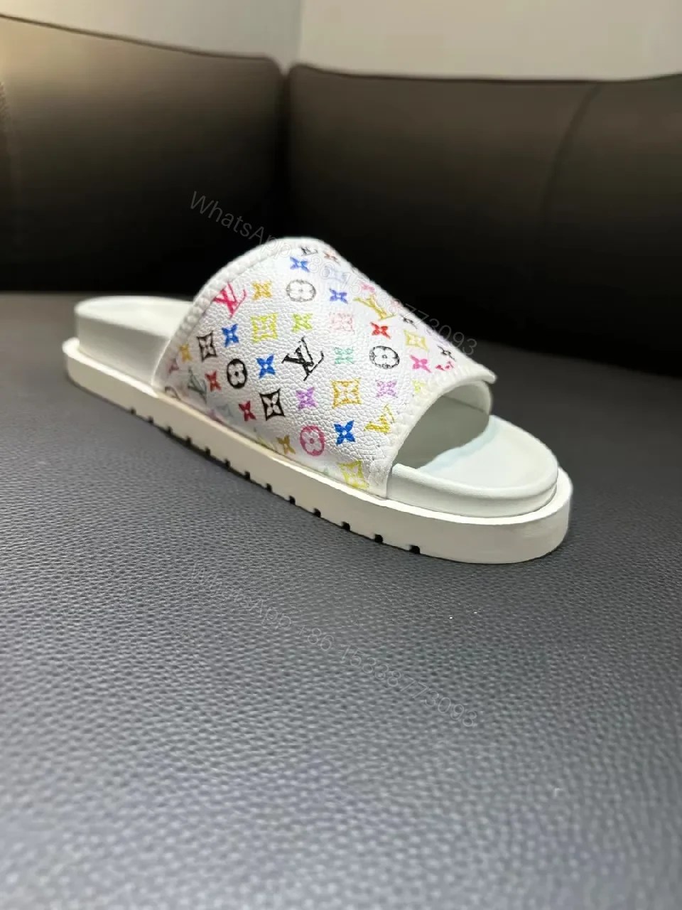 View 2 of Multicolor LV-Patterned Slip-On Sandals with Cushioned Comfort