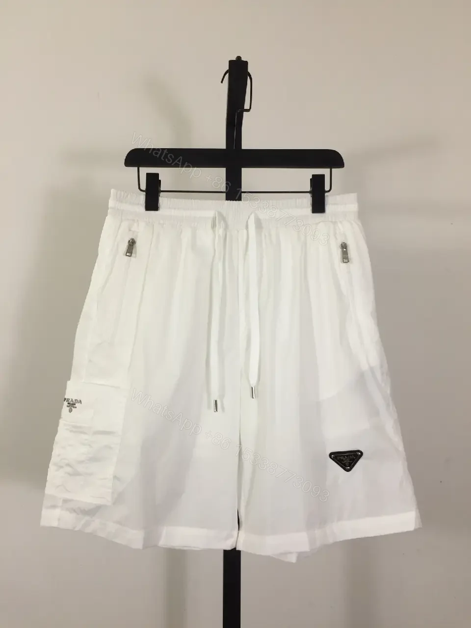 View 9 of White Linen Cargo Shorts, Drawstring, Zipper Pockets, Prada Style