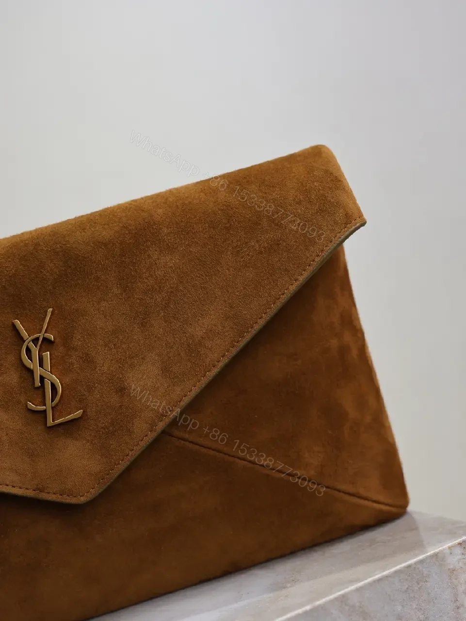 View 2 of Chocolate Suede Envelope Clutch with Gold Hardware