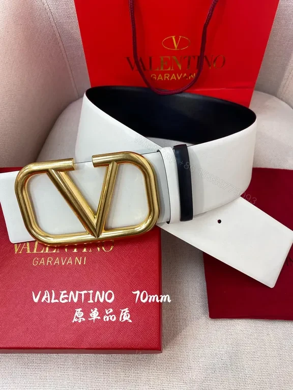 White Leather Belt with Gold V Buckle â€“ 70mm Valentino Style — view 1