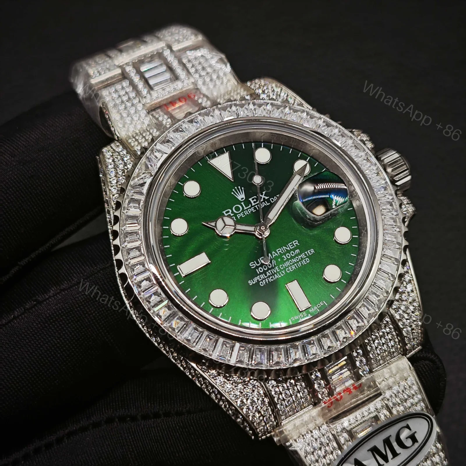 View 3 of Rolex Submariner Green Dial Diamond Replica 40MM Exclusive Full Pavé Steel Bracelet RG-ROLEX-SUB-GREEN-PAVE-40