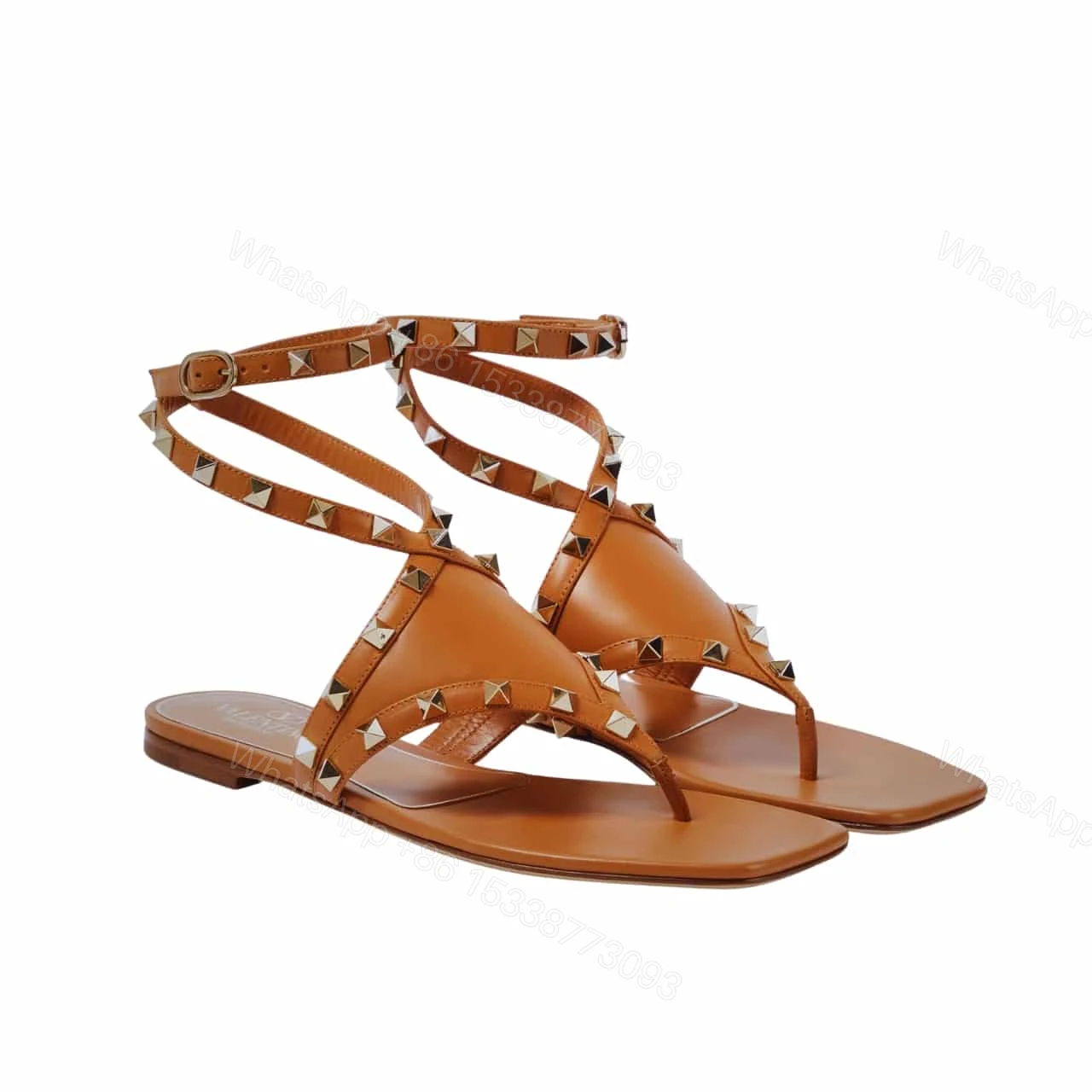 VALENTINO GARAVANI ROCKSTUD THONG SANDALS BROWN — view 1