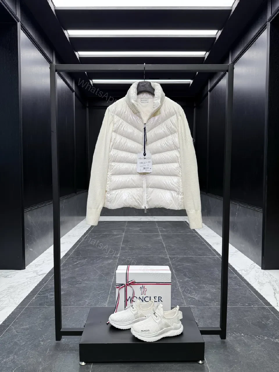 View 5 of Lightweight Off-White Puffer Jacket with Knit Sleeves Fusion