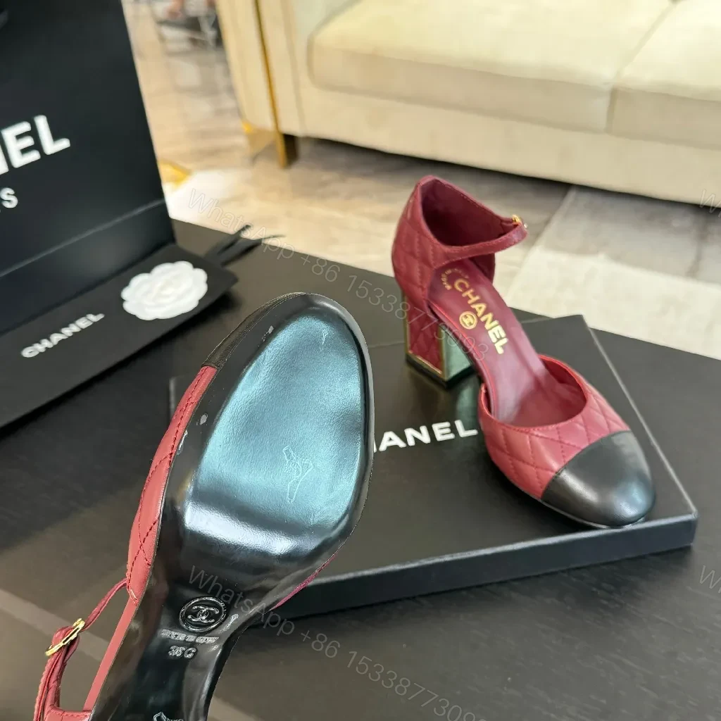 View 4 of Two-Tone Burgundy Quilted Mary Jane Heels with Black Cap Toe