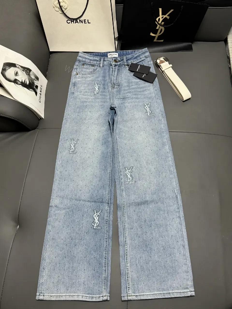 View 2 of Chic Distressed Couture: Wide-Leg Jeans with Emblems