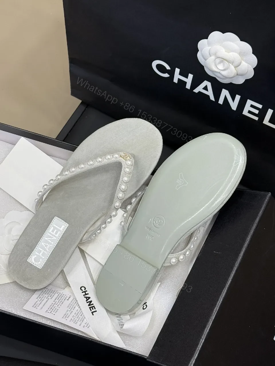 View 2 of Pearl-Embellished Light Gray Suede-Flip Sandals with Logo