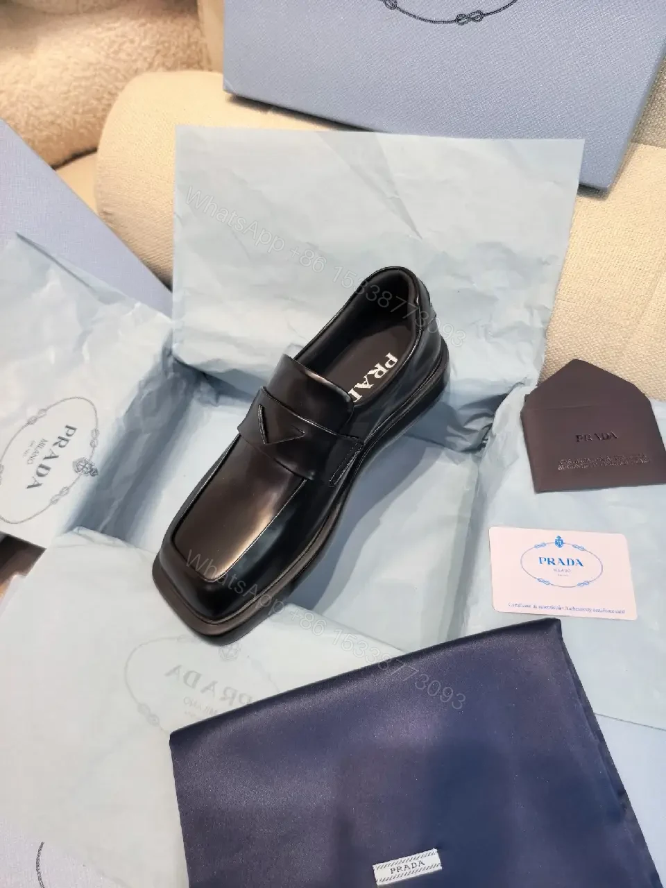 View 5 of Black Leather Prada Muffin-Style Loafers - Minimalist Square Toe