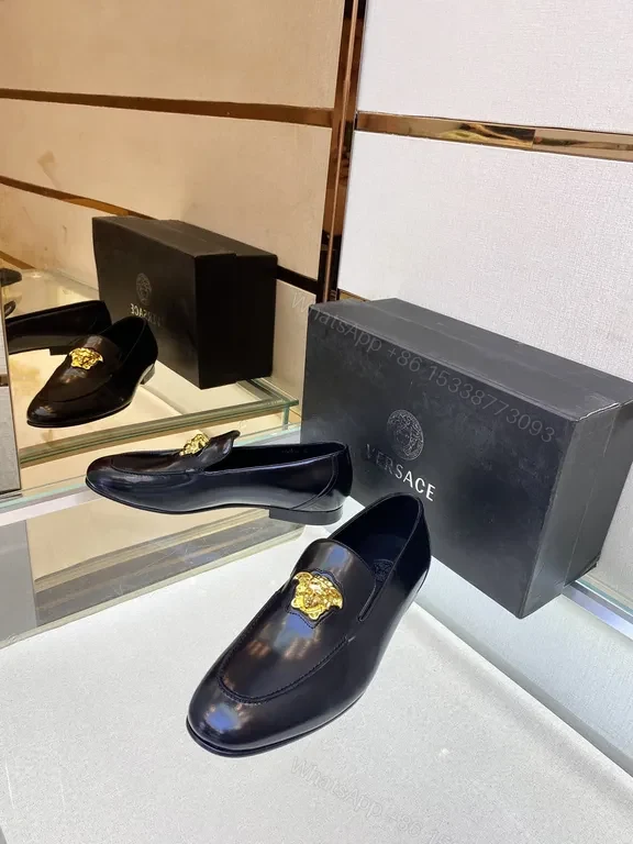 View 8 of Versace Black Calfskin Loafers with Medusa Hardware