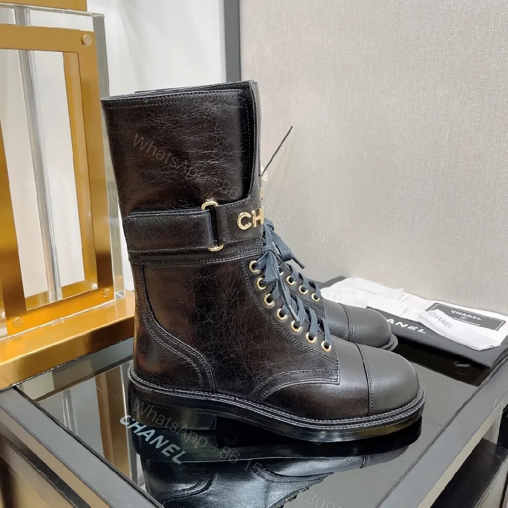 View 9 of Bold Leather Combat Boots with Gold Hardware, Chelsea Style
