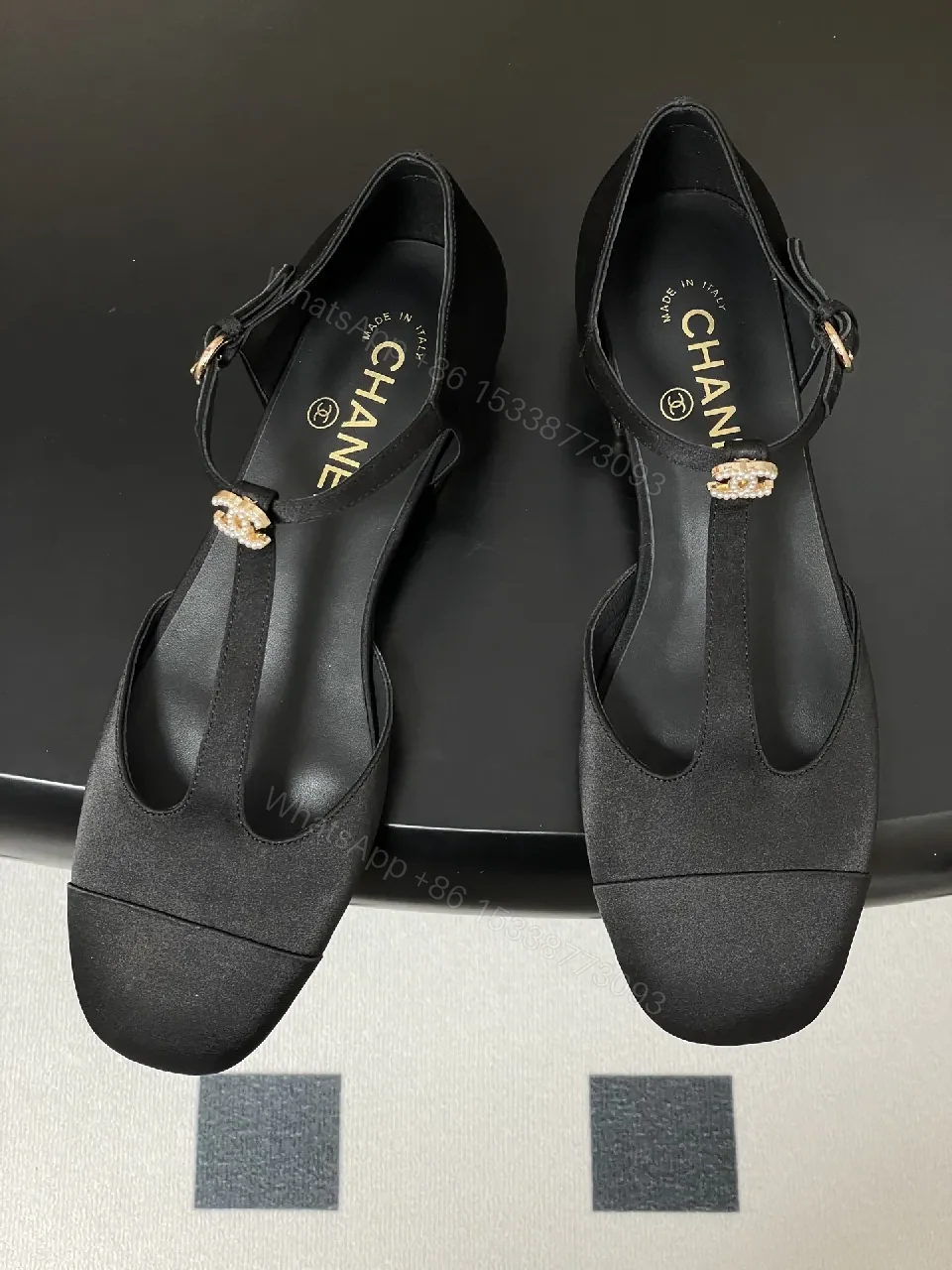 View 4 of Black Satin T-Strap Flats - Luxury-Inspired Comfort, Modern Elegance
